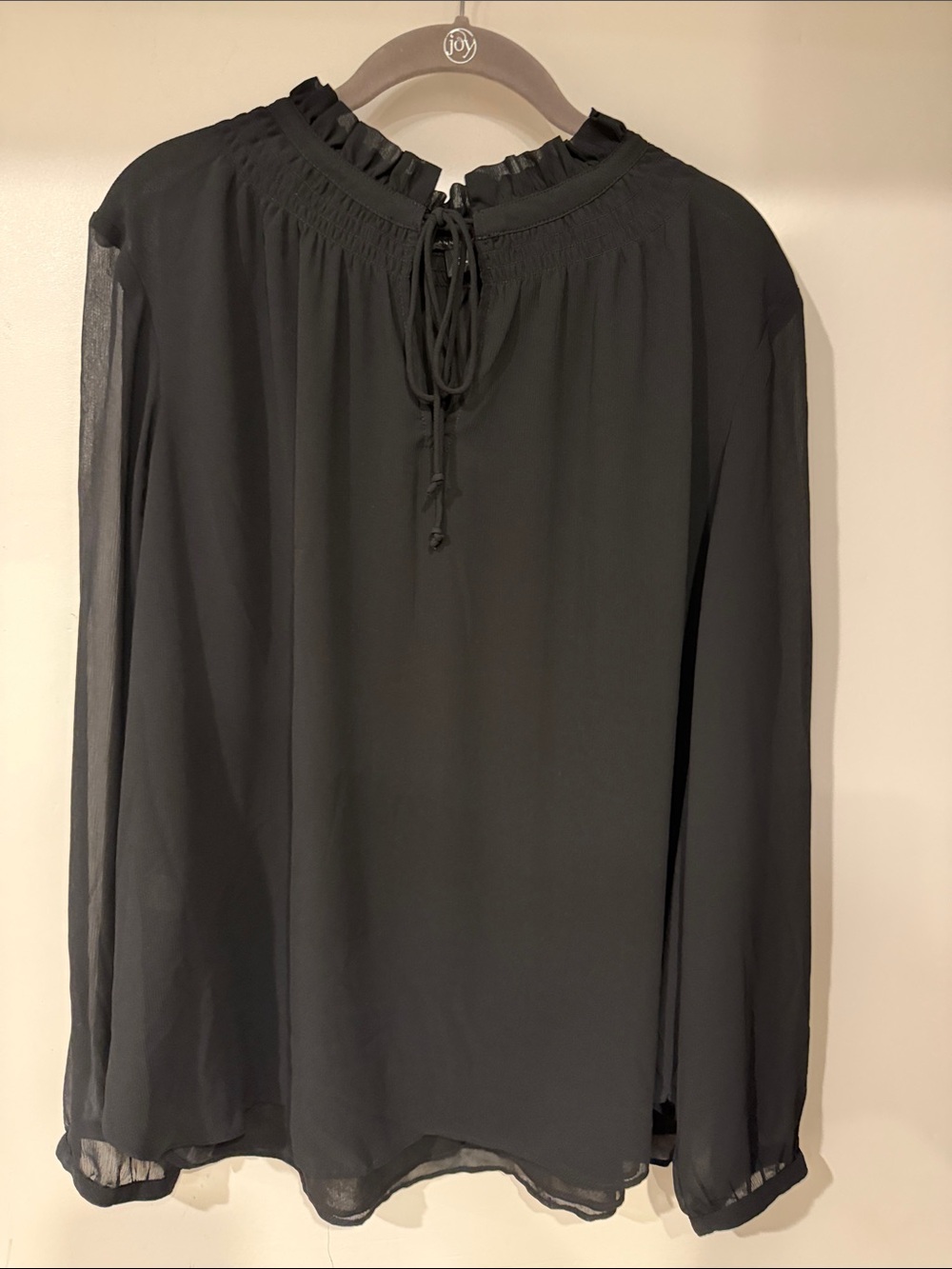 Black Long-Sleeve Ruffled Tie-Neck Blouse